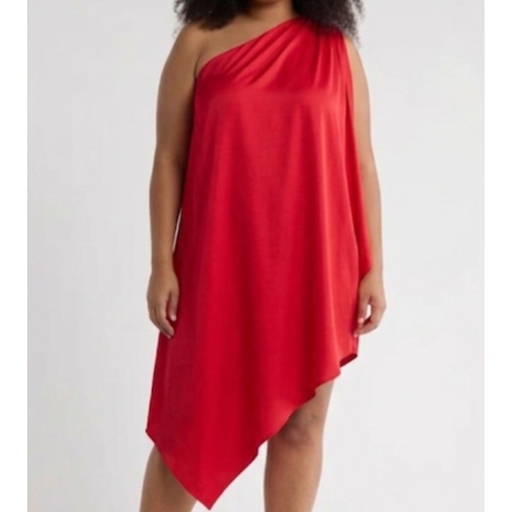 One Shoulder Dress Womens Medium Red Asymmetrical Draped Mini Cocktail Party Art